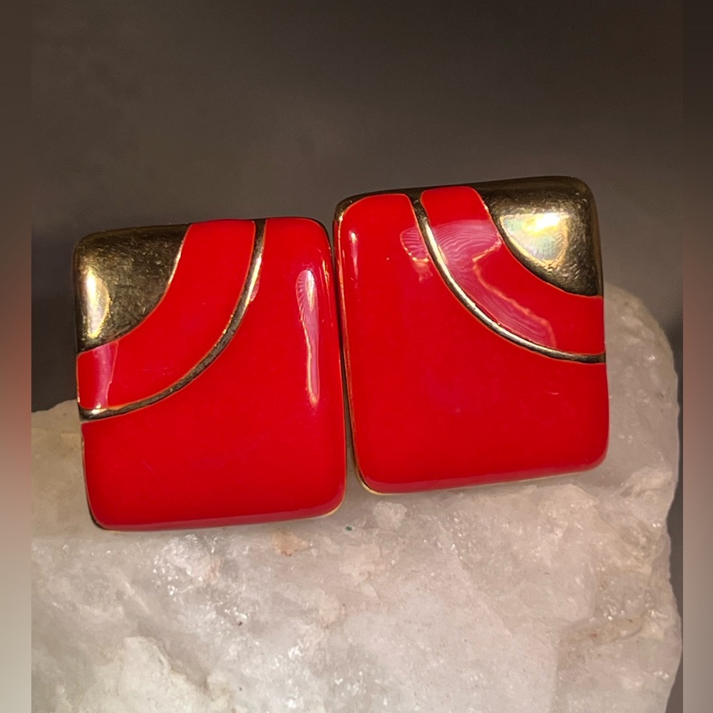Vintage 1980's Gold Tone & Red Enamel Clip Earrings